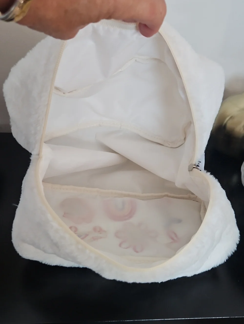 Addy Lu White Faux Fur with Pink and Multicolor Patches, NWOT
